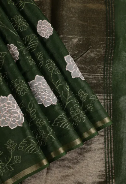 Seaweed Green Tissue Silk Sarees with Gold Zari Floral Patterns