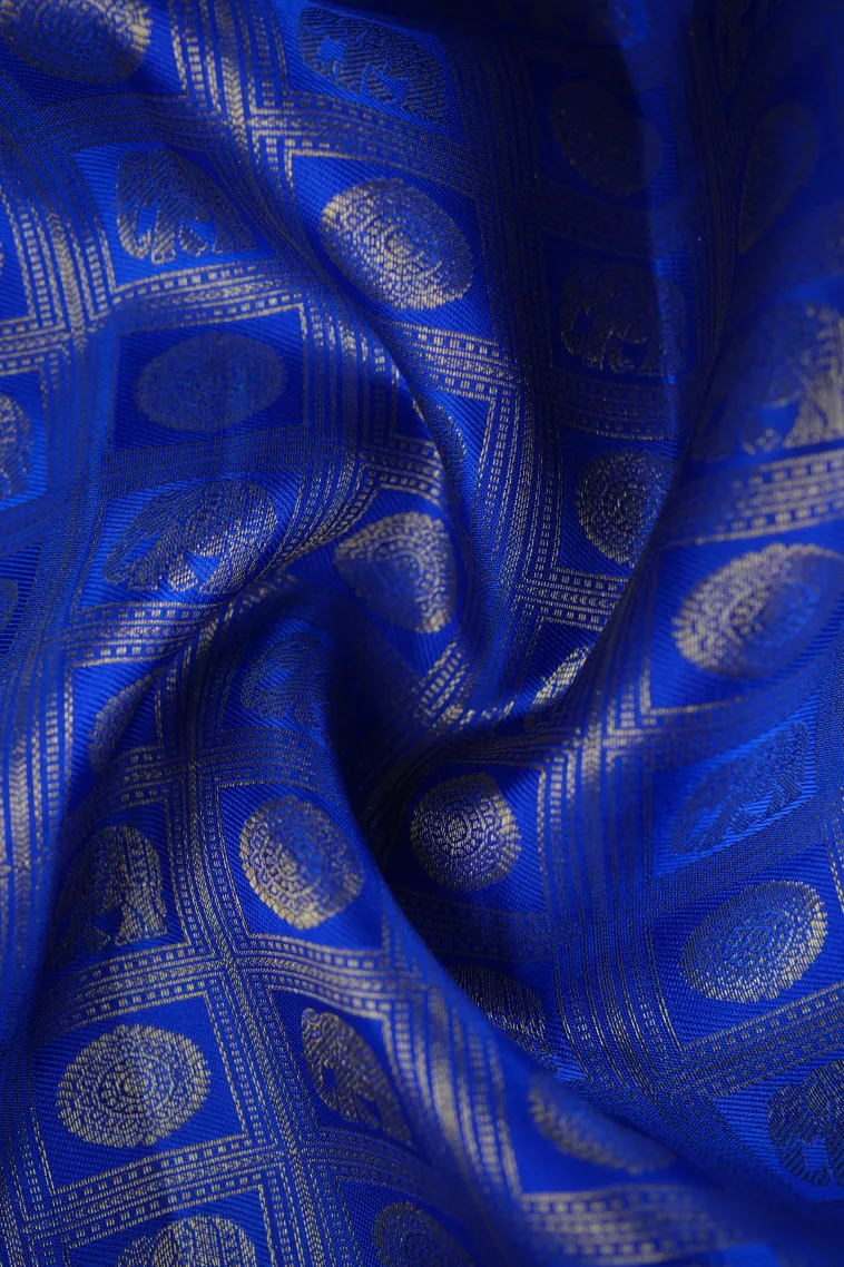 Admiral Blue Kanchipuram Silk Sarees with Gold Zari Elephant Motif view 4
