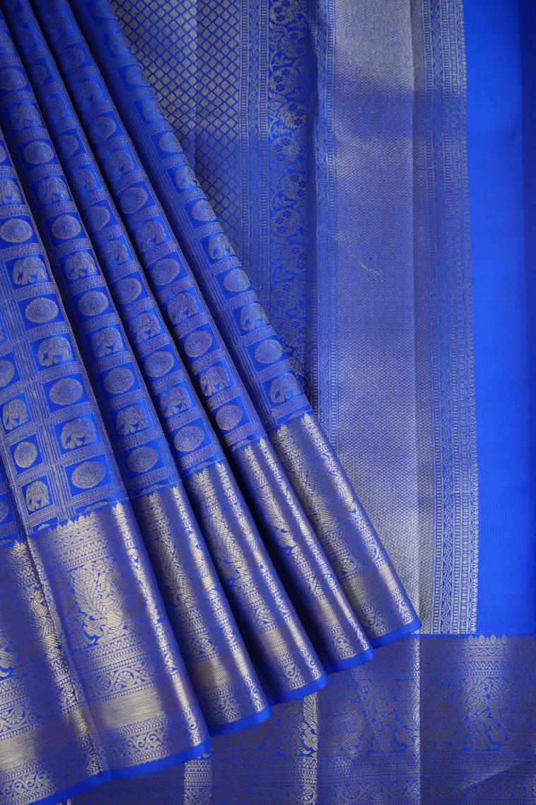 Admiral Blue Kanchipuram Silk Sarees with Gold Zari Elephant Motif