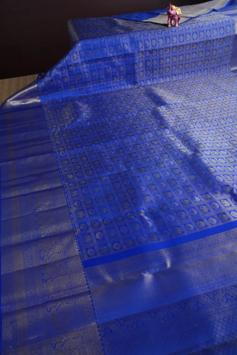 Admiral Blue Kanchipuram Silk Sarees with Gold Zari Elephant Motif view 2