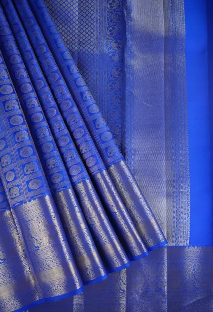 Admiral Blue Kanchipuram Silk Sarees with Gold Zari Elephant Motif