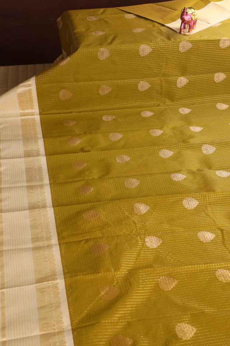 Sage Green Visiri Madippu Silk Sarees with Gold Zari Checks And Puttas view 2
