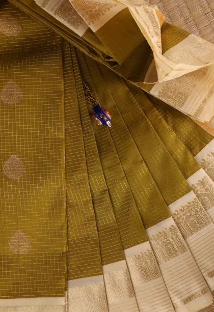 Sage Green Visiri Madippu Silk Sarees with Gold Zari Checks And Puttas