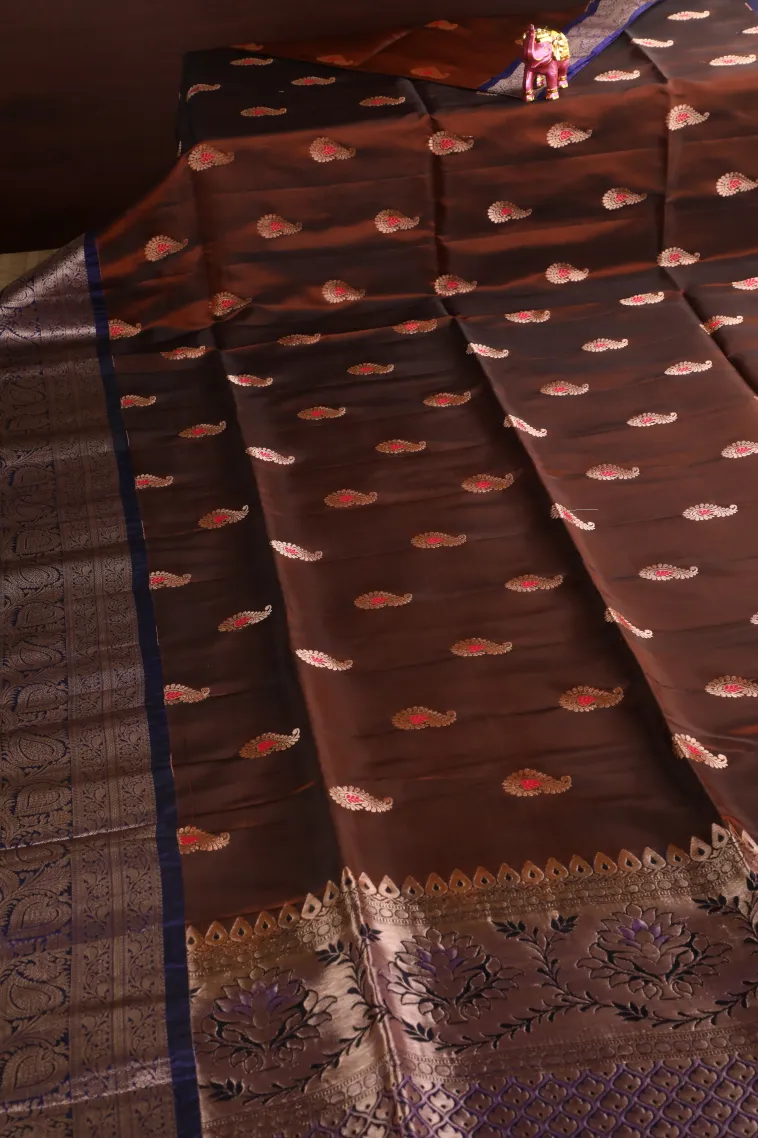 Caramel Brown Soft Silk Saree with Gold Zari Mango Puttas view 2