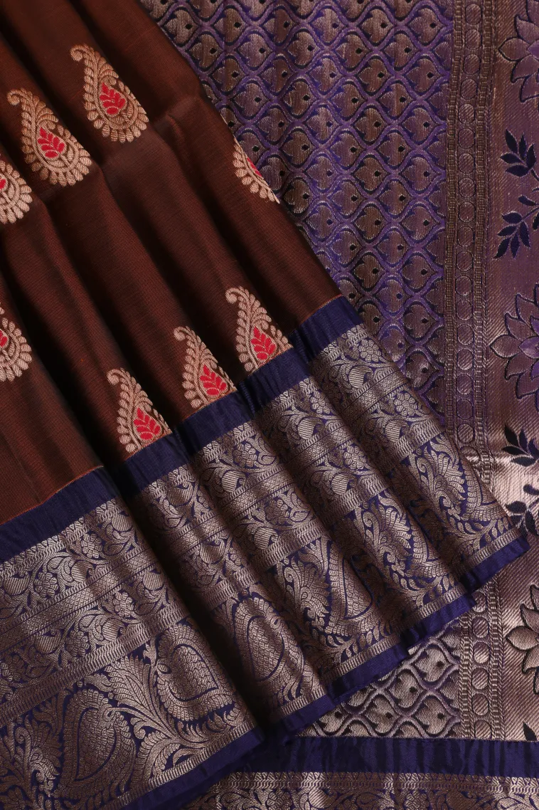 Caramel Brown Soft Silk Saree with Gold Zari Mango Puttas