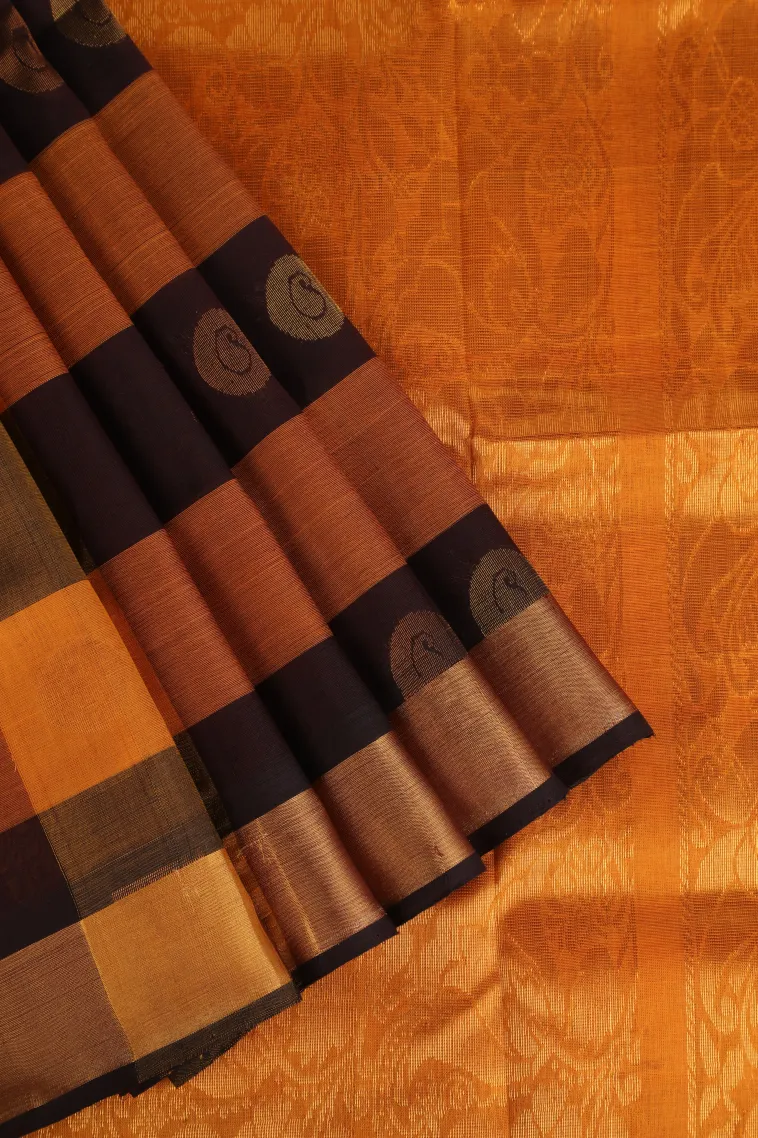 Lemon Yellow Silk Cotton with Gold Zari Checks And Puttas view 1