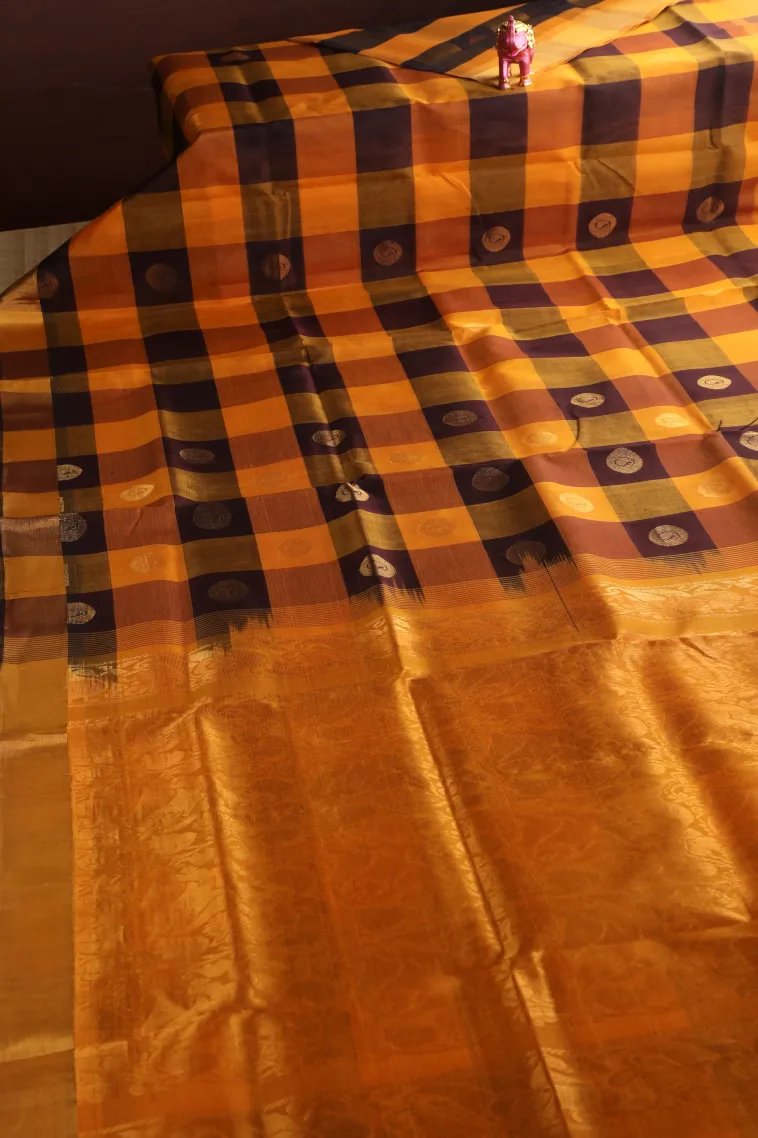 Lemon Yellow Silk Cotton with Gold Zari Checks And Puttas view 2