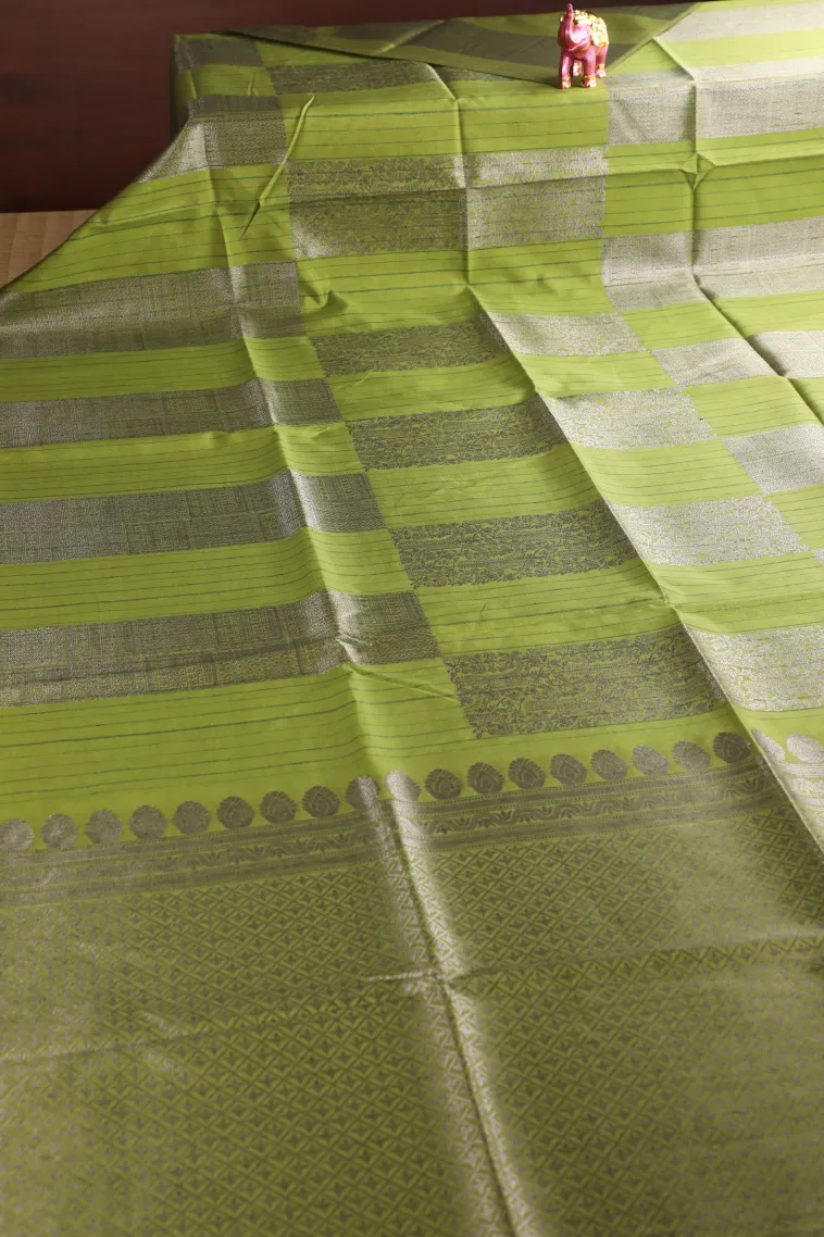 Olive Green Tussar Saree with Silver Zari Leaf Pattern view 2