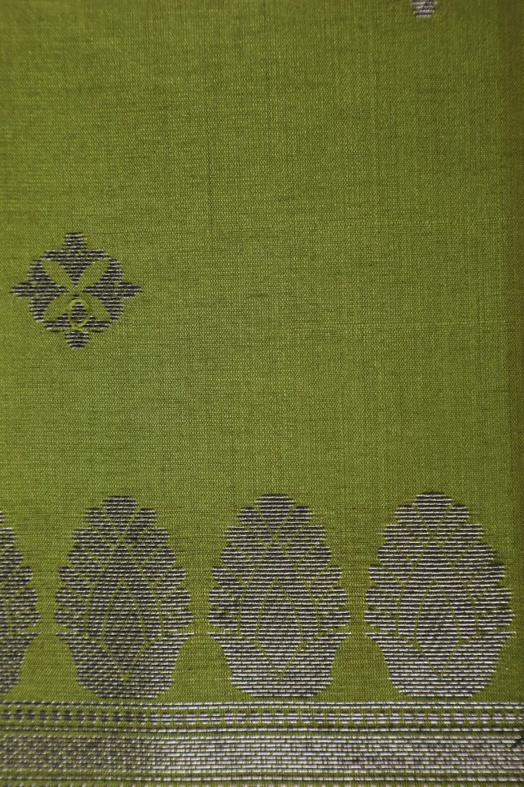 Olive Green Tussar Saree with Silver Zari Leaf Pattern view 3