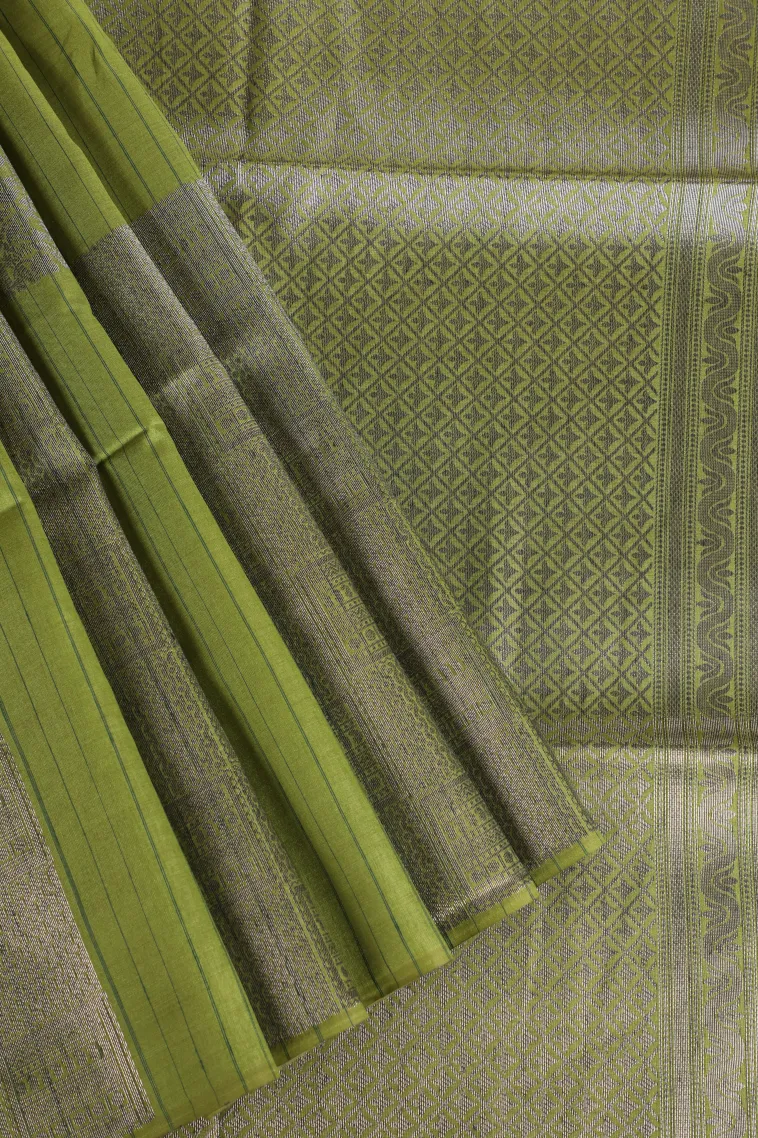 Olive Green Tussar Saree with Silver Zari Leaf Pattern