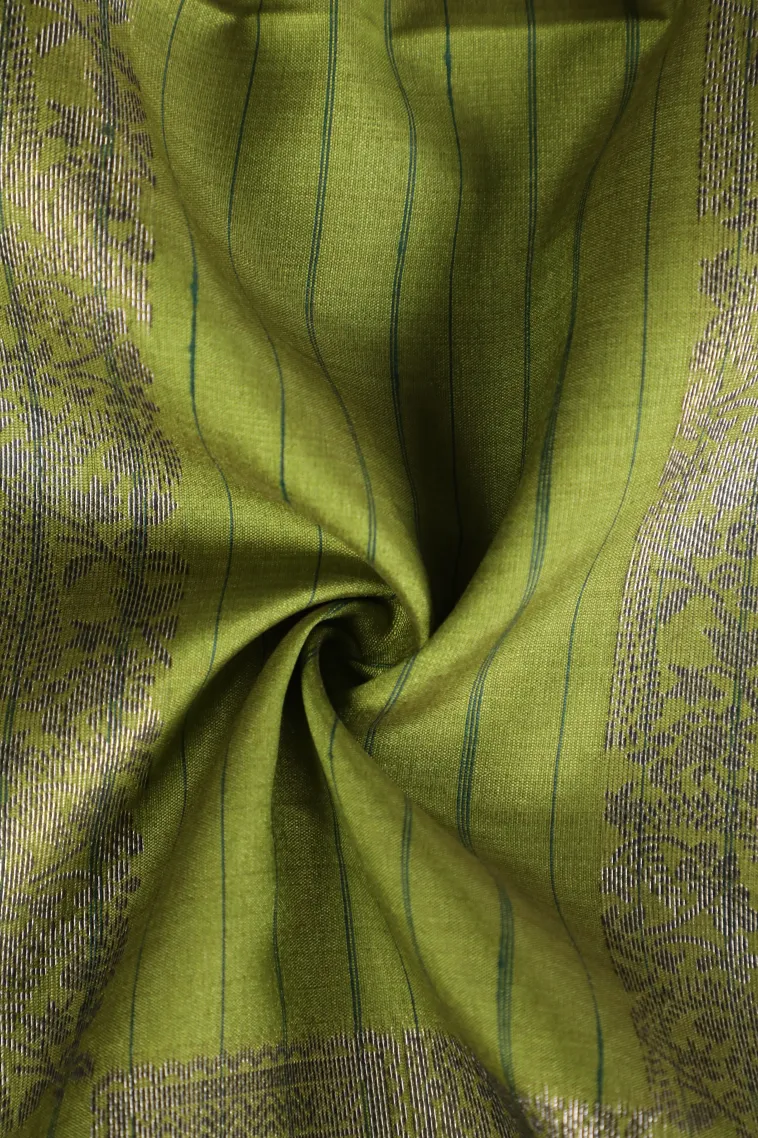 Olive Green Tussar Saree with Silver Zari Leaf Pattern view 4