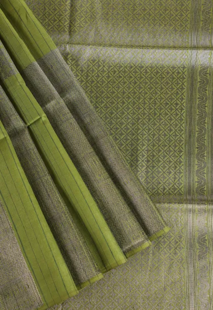 Olive Green Tussar Saree with Silver Zari Leaf Pattern
