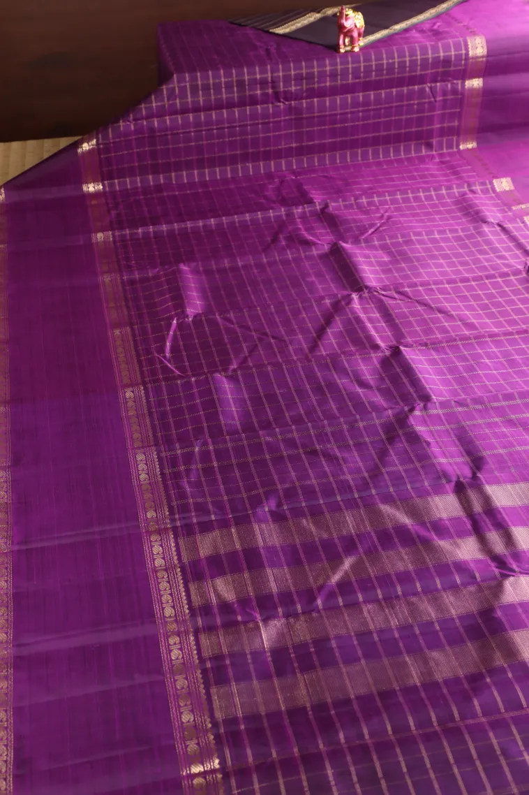 Magenta Purple Kanchipuram Silk Sarees with Gold Zari Checks view 2