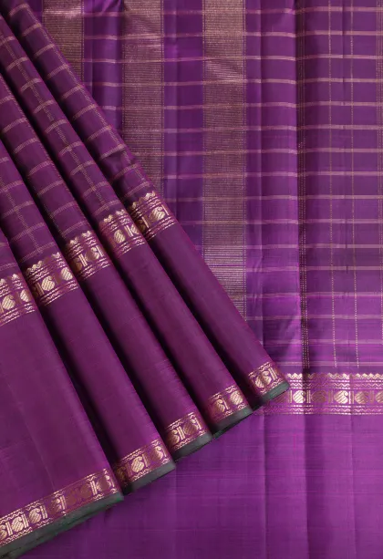 Magenta Purple Kanchipuram Silk Sarees with Gold Zari Checks