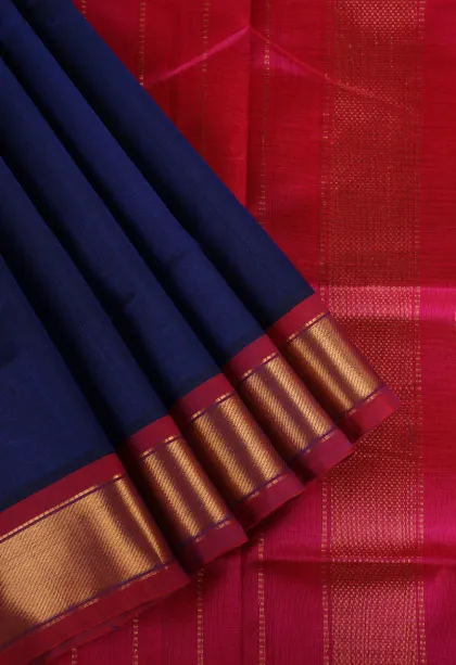 Berry Blue Silk Cotton with Gold Zari Plain