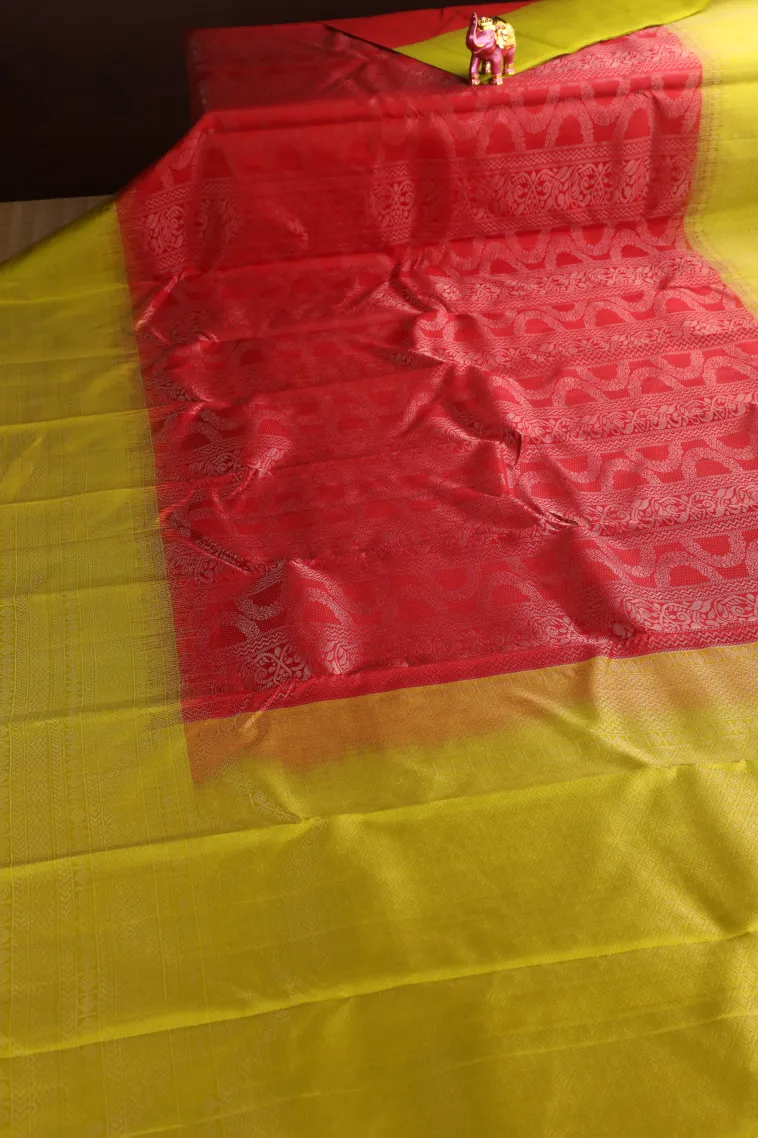 Crimson Red Soft Silk Saree with Silver Zari Floral Patterns view 2