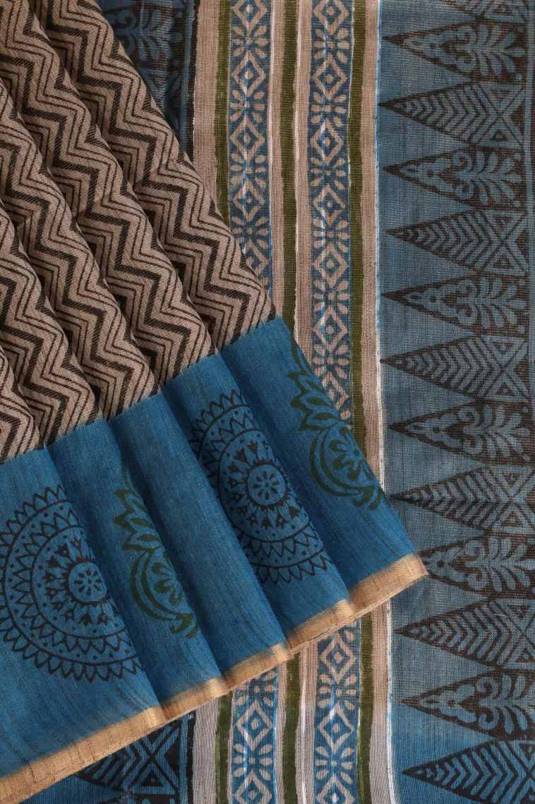 Tortilla Brown Tissue Silk Sarees with Gold Zari Zig Zag Pattern
