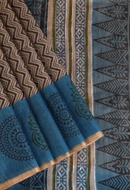 Tortilla Brown Tissue Silk Sarees with Gold Zari Zig Zag Pattern
