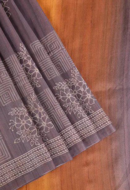 Heather Purple Semi Tussar Silk Without Zari With Geometric Shapes