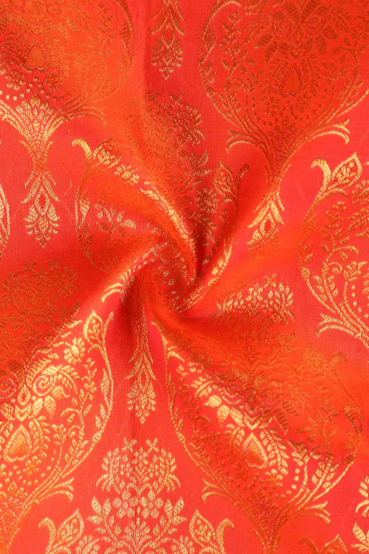 Fire Orange Kanchipuram Silk Sarees with Gold Zari Floral Patterns view 4