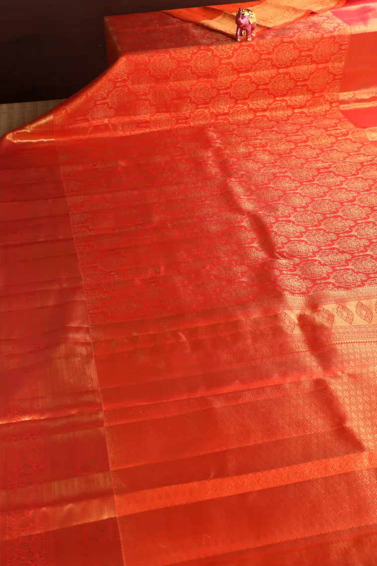 Fire Orange Kanchipuram Silk Sarees with Gold Zari Floral Patterns view 2