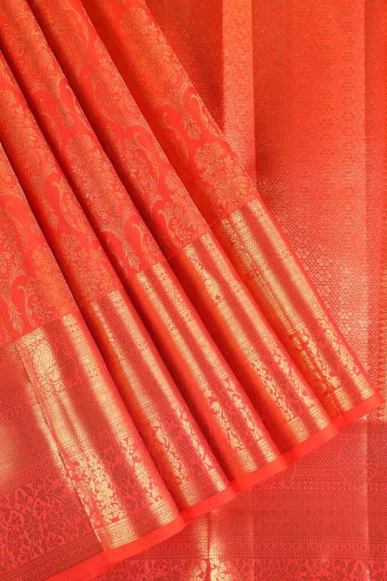 Fire Orange Kanchipuram Silk Sarees with Gold Zari Floral Patterns