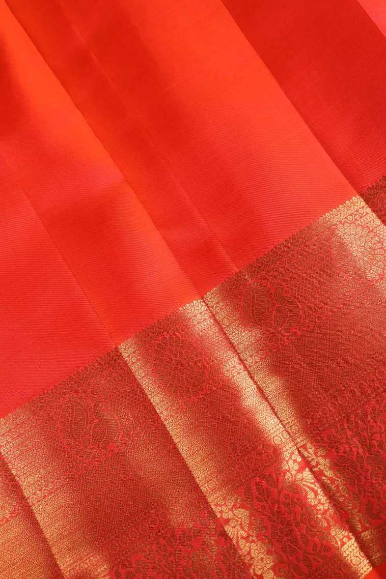 Fire Orange Kanchipuram Silk Sarees with Gold Zari Floral Patterns view 3