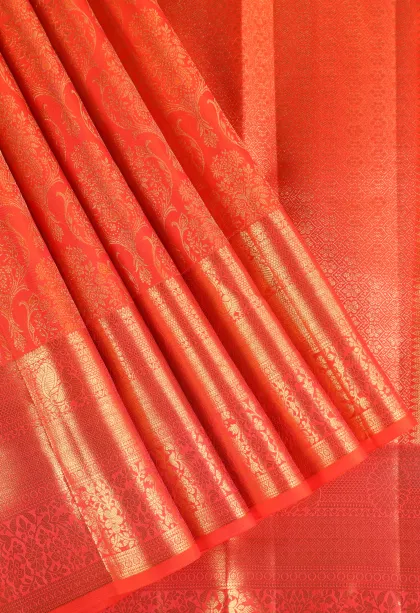Fire Orange Kanchipuram Silk Sarees with Gold Zari Floral Patterns