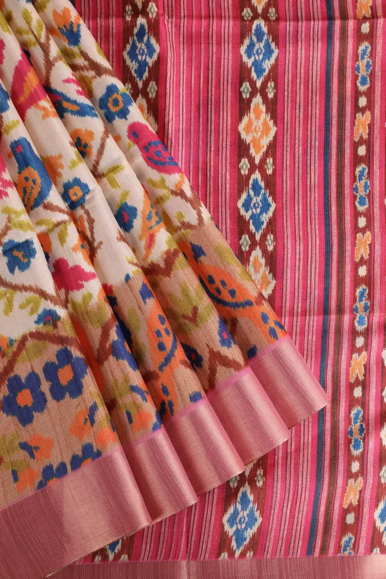 Cotton White Semi Tussar Silk with Gold Zari Birds And Floral Pattern