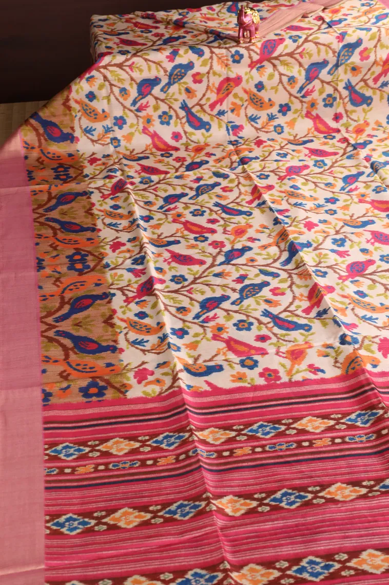 Cotton White Semi Tussar Silk with Gold Zari Birds And Floral Pattern view 2