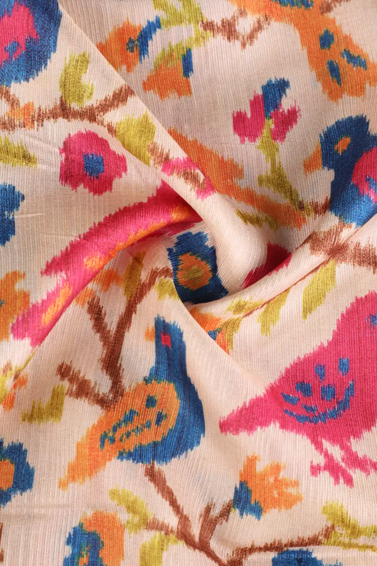 Cotton White Semi Tussar Silk with Gold Zari Birds And Floral Pattern view 4