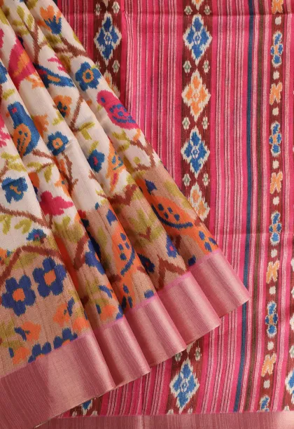 Cotton White Semi Tussar Silk with Gold Zari Birds And Floral Pattern