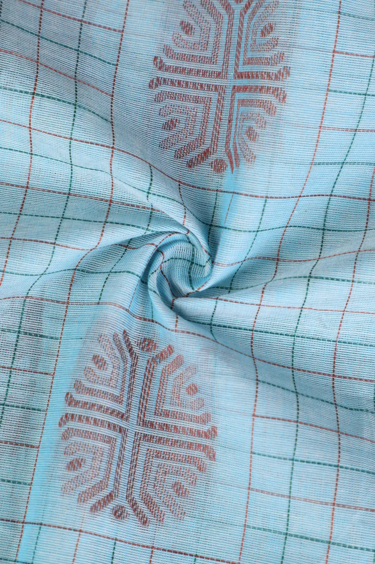 Sky Blue Pure Handloom Kovai Cotton Without Zari With Checks And Puttas view 4