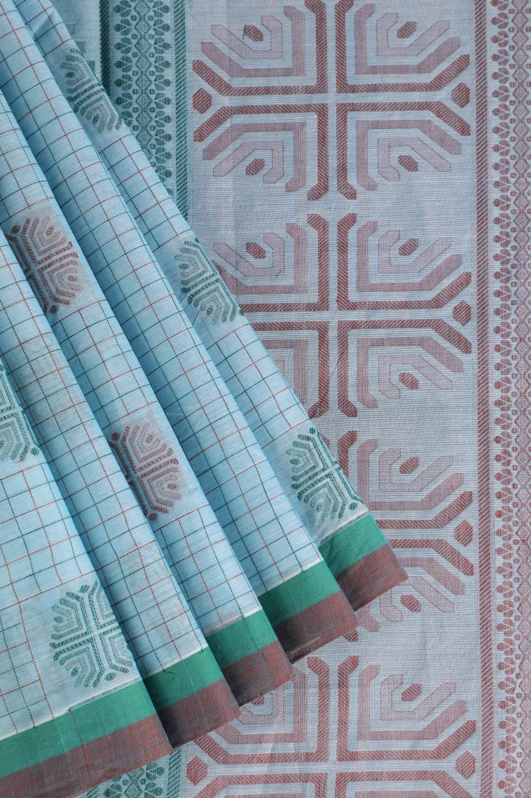 Sky Blue Pure Handloom Kovai Cotton Without Zari With Checks And Puttas