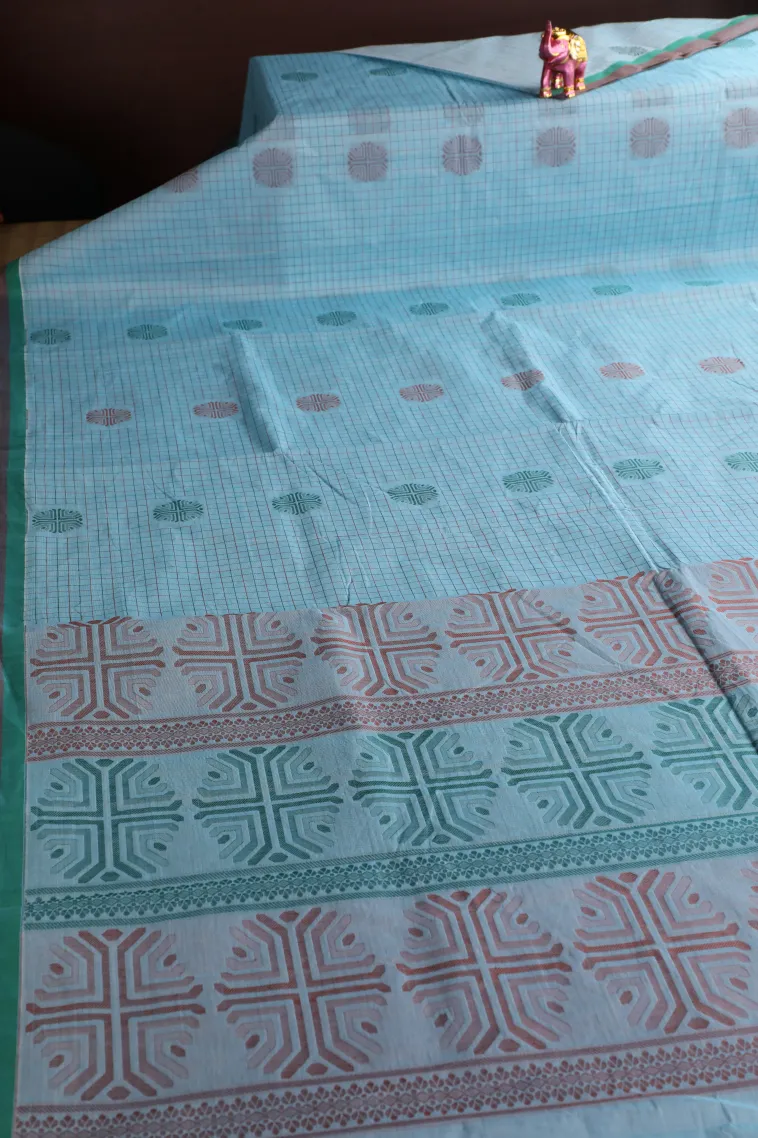 Sky Blue Pure Handloom Kovai Cotton Without Zari With Checks And Puttas view 2