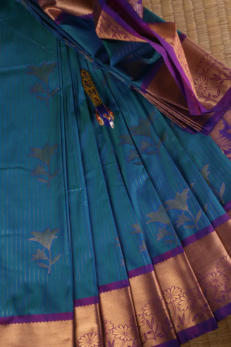 Cerulean Blue Visiri Madippu Silk Sarees with Gold Zari Straipes And Puttas