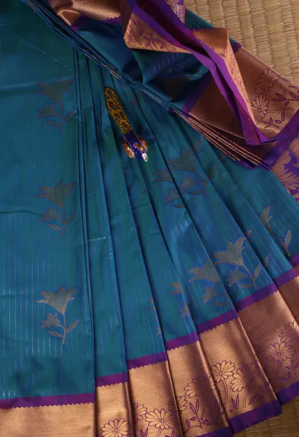 Cerulean Blue Visiri Madippu Silk Sarees with Gold Zari Straipes And Puttas