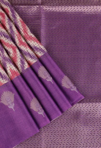 Cotton White Tussar Saree with Gold And Silver Zari Geometric Shapes
