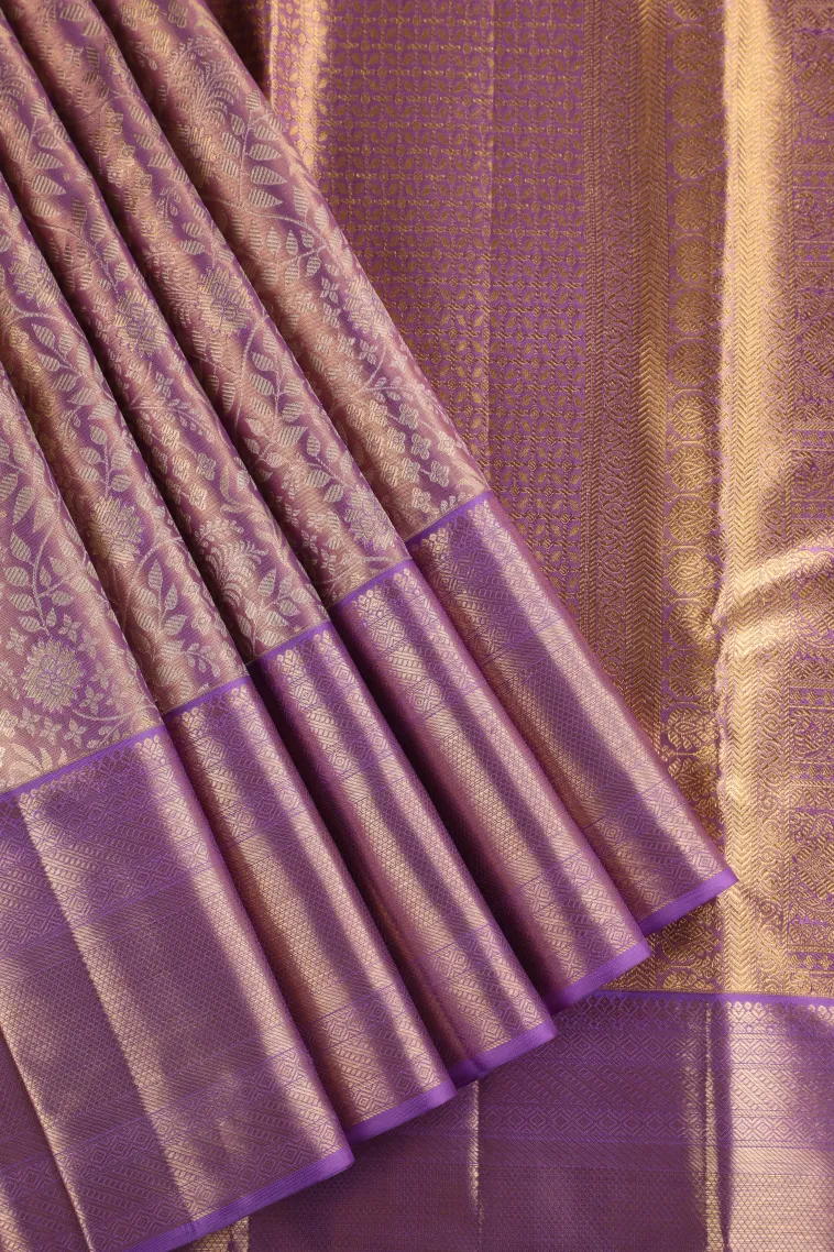 Lavender Purple Kanchipuram Silk Sarees with Gold Zari Floral Patterns view 1