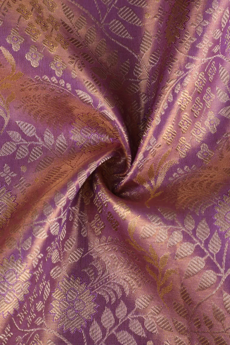 Lavender Purple Kanchipuram Silk Sarees with Gold Zari Floral Patterns view 4