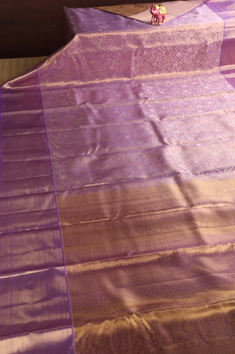 Lavender Purple Kanchipuram Silk Sarees with Gold Zari Floral Patterns view 2