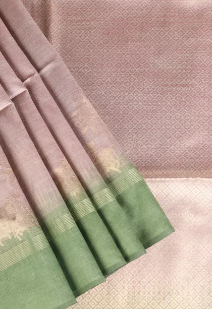 Crepe Pink Tussar Saree with Gold And Silver Zari Animal Mottif