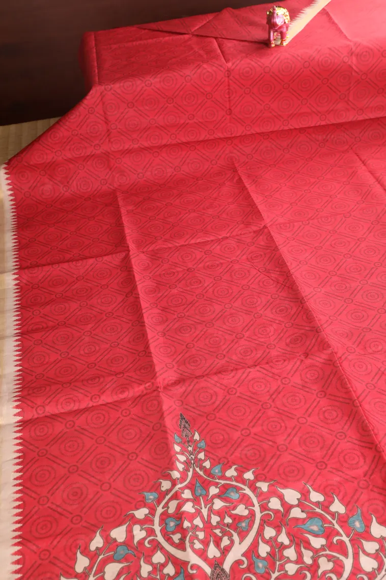 Rose Red Semi Tussar Silk Without Zari With Geometric Shapes view 2