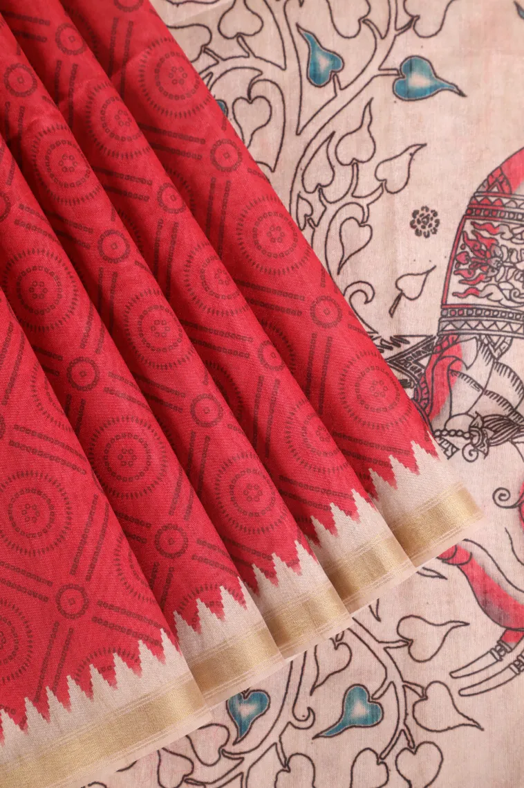 Rose Red Semi Tussar Silk Without Zari With Geometric Shapes