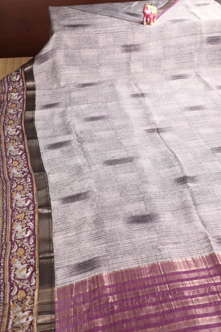Smoke White Chanderi Cotton Sarees with Gold Zari Stripes view 2