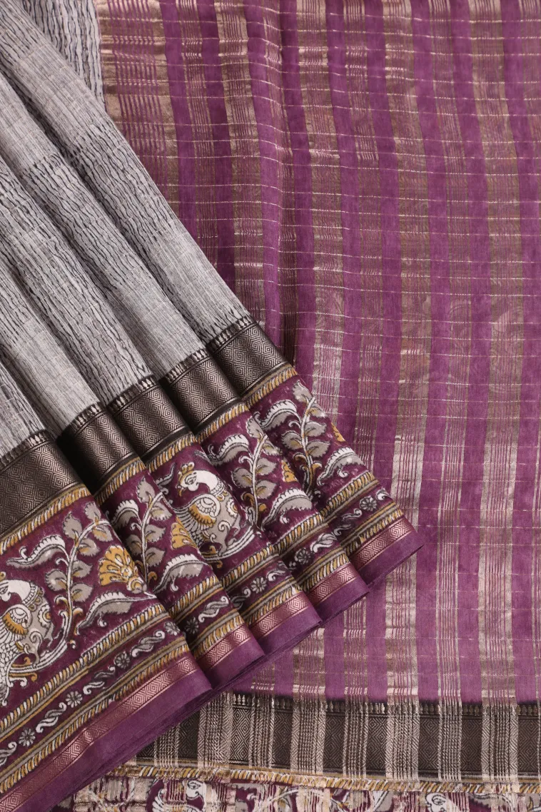 Smoke White Chanderi Cotton Sarees with Gold Zari Stripes