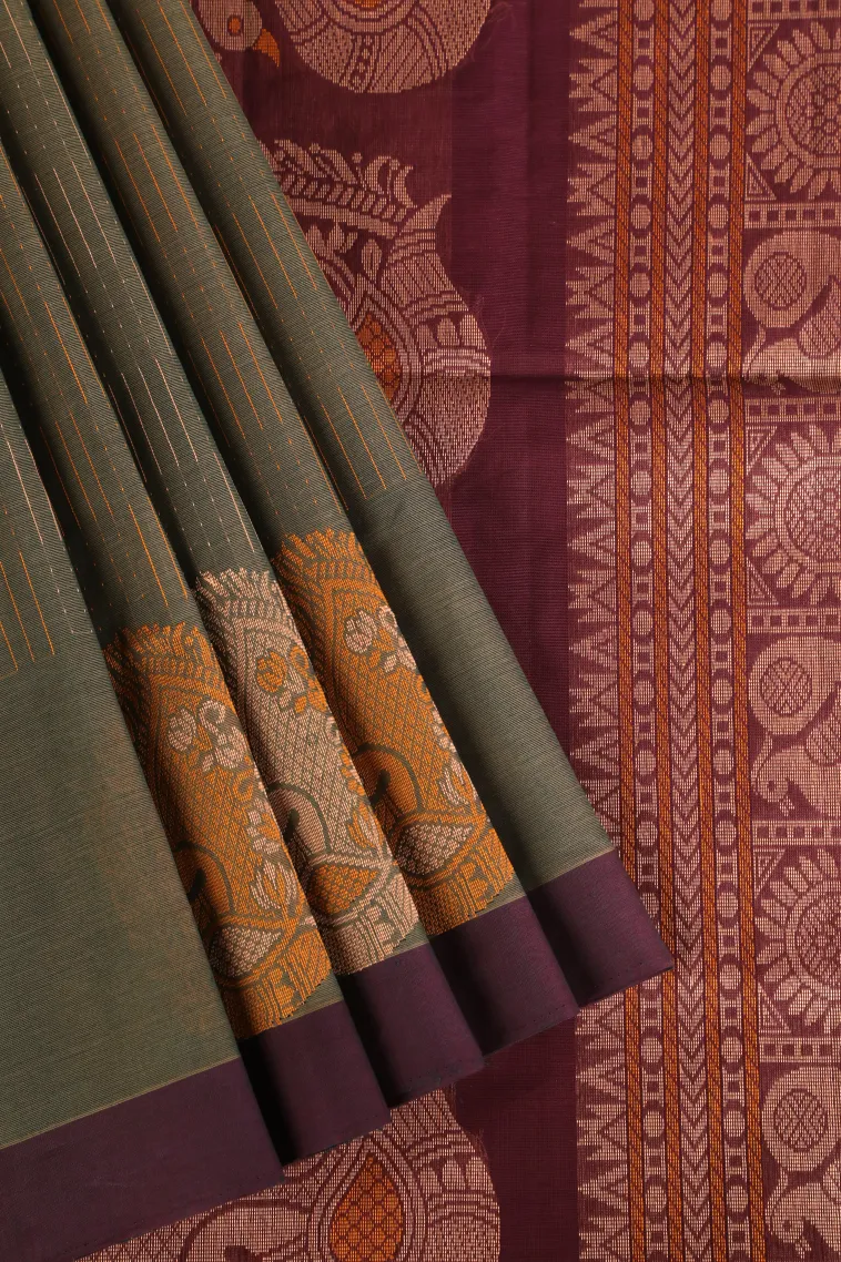 Sage Green Pure Handloom Kovai Cotton Without Zari With Stripes And Puttas