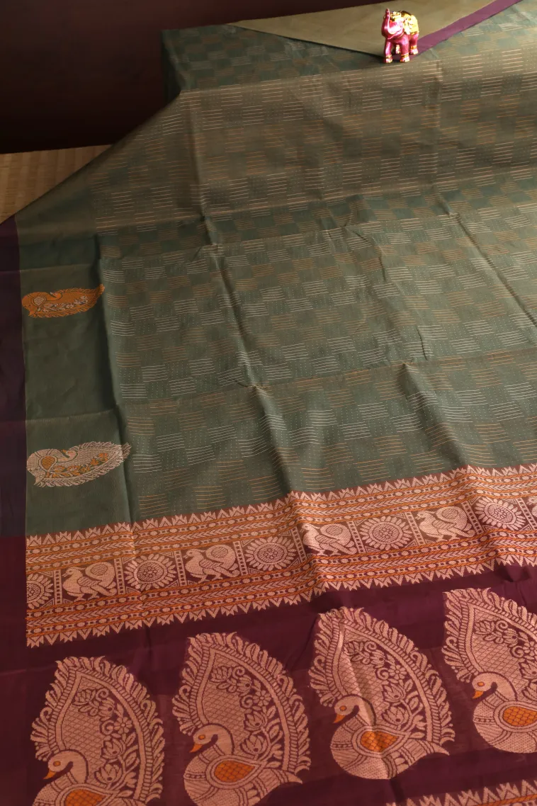 Sage Green Pure Handloom Kovai Cotton Without Zari With Stripes And Puttas view 2