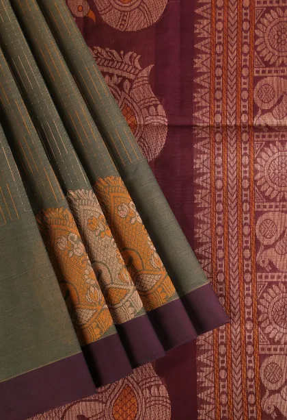 Sage Green Pure Handloom Kovai Cotton Without Zari With Stripes And Puttas