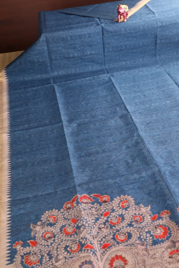Aegean Blue Semi Tussar Silk Without Zari With Rangoli Pattren view 2